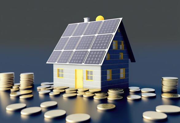 ai-generated-toy-house-with-solar-panels-and-stack-of-coins-photo