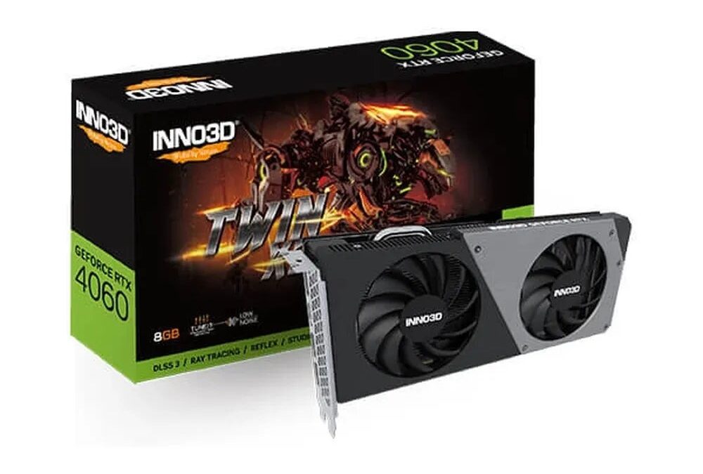 The INNO3D RTX 4060 Twin X2 is built on the Ada Lovelace architecture; it has 3072 CUDA cores and 8 GB GDDR6 memory.